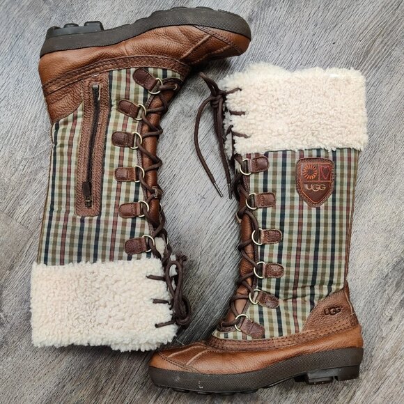 UGG Edmonton Tall Boots 3226 Green Plaid Brown Leather Sheepskin Shearling 7 - Picture 2 of 16